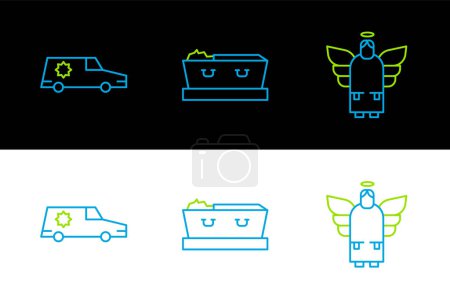 Illustration for Set line Christmas angel Hearse car and Coffin with dead icon. Vector. - Royalty Free Image