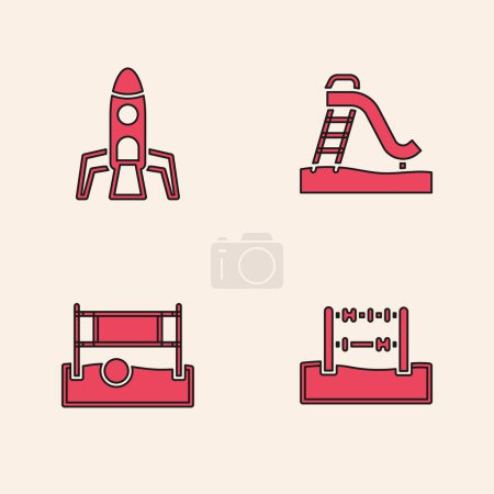 Illustration for Set Abacus, Rocket ship, Kid slide and Volleyball net with ball icon. Vector. - Royalty Free Image