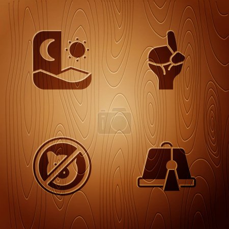 Ilustración de Set Turkish hat, Ramadan fasting, No pig and Hands praying position on wooden background. Vector. - Imagen libre de derechos