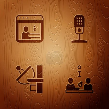 Téléchargez les illustrations : Set Interview Information Radar and Microphone on wooden background. Vector. - en licence libre de droit