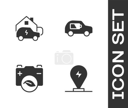 Illustration for Set Charging parking electric car at home Eco nature leaf battery and Electric icon. Vector. - Royalty Free Image