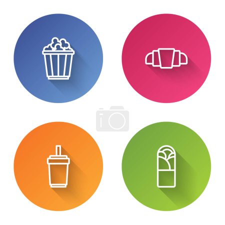 Ilustración de Set line Popcorn in box, Croissant, Paper glass with straw and Doner kebab. Color circle button. Vector. - Imagen libre de derechos