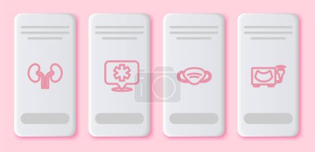 Illustration for Set line Human kidneys Location hospital Medical protective mask and Ultrasound. White rectangle button. Vector. - Royalty Free Image