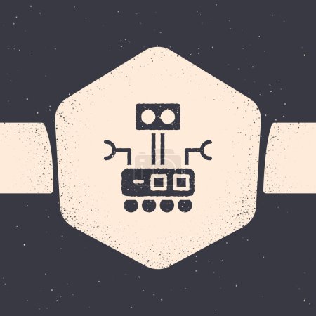 Ilustración de Icono de Robot Grunge aislado sobre fondo gris. Inteligencia artificial, aprendizaje automático, computación en nube. Dibujo vintage monocromo. Vector. - Imagen libre de derechos