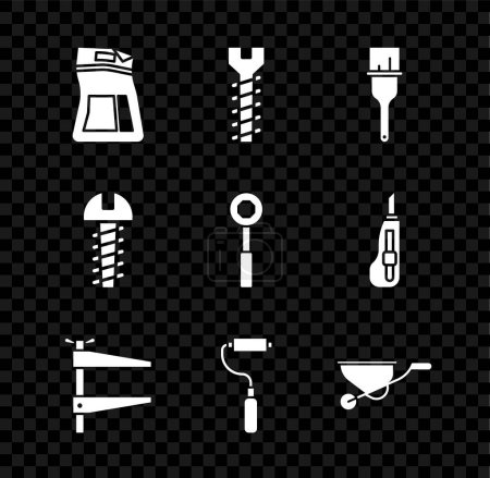 Illustration for Set Cement bag Metallic screw Paint brush Clamp tool roller Wheelbarrow and Wrench spanner icon. Vector. - Royalty Free Image