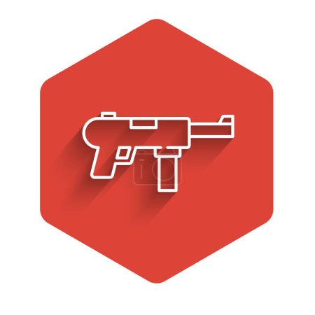 Illustration for White line Submachine gun M3, Grease gun icon isolated with long shadow. Red hexagon button. Vector. - Royalty Free Image