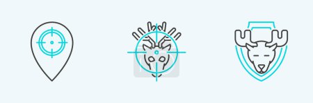Ilustración de Set line Moose head on shield Hunt place and deer with crosshairs icon. Vector. - Imagen libre de derechos