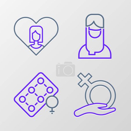Illustration for Set line Female gender Packaging of birth control pills Muslim woman hijab and Heart with female icon. Vector. - Royalty Free Image