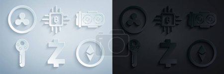 Illustration for Set Cryptocurrency coin Zcash ZEC, Mining farm, key, Ethereum ETH, CPU mining and Ripple XRP icon. Vector - Royalty Free Image