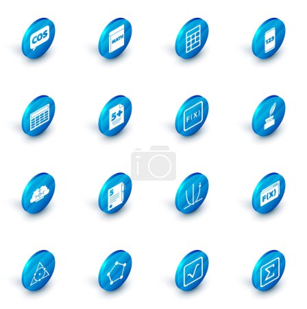 Illustration for Set Book with word mathematics, Calculator, Mobile calculator interface, Human brain, Test exam sheet, Feather and inkwell and Function mathematical symbol icon. Vector - Royalty Free Image