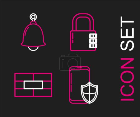 Illustration for Set line Smartphone with security shield, Bricks, Safe combination lock and Ringing bell icon. Vector - Royalty Free Image