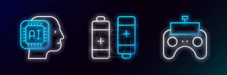 Ilustración de Set line Remote control, Humanoid robot and Battery icon. Glowing neon. Vector - Imagen libre de derechos