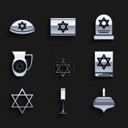 Illustration for Set Star of David necklace on chain Jewish goblet Hanukkah dreidel torah book Decanter with star david Tombstone and kippah icon. Vector. - Royalty Free Image