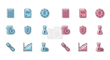Illustration for Set line Chain link, Pie chart infographic, Calculator, Money bag and coin, Shield with dollar symbol, Coin money and File document icon. Vector - Royalty Free Image