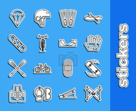 Illustration for Set line Ski and sticks, Skateboard trick, Gloves, Rubber flippers for swimming, Bicycle, Snowboard, Parachute and park icon. Vector - Royalty Free Image