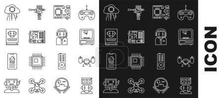 Téléchargez les illustrations : Set line Robot, 3D printer, Printed circuit board PCB, Electronic computer components motherboard digital chip, User manual, Internet of things and Worker robot icon. Vector - en licence libre de droit
