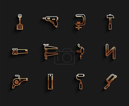 Illustration for Set line Leaf garden blower, Ruler, Snow shovel, Paint roller brush, Hacksaw, Clamp tool, Folding ruler and Hand drill icon. Vector - Royalty Free Image