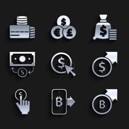 Illustration for Set Coin money with dollar, Mining bitcoin from mobile, Financial growth and, Hand holding, Stacks paper cash, Money bag and Credit card icon. Vector - Royalty Free Image