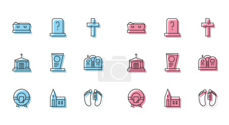 Illustration for Set line Memorial wreath, Church building, Coffin with dead, Dead body, Grave tombstone, Old crypt and  icon. Vector - Royalty Free Image