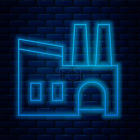 Illustration for Glowing neon line Factory icon isolated on brick wall background. Industrial building. Vector. - Royalty Free Image