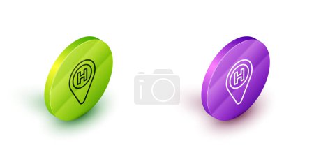 Ilustración de Isometric line Helicopter landing pad icon isolated on white background. Helipad, area, platform, H letter. Green and purple circle buttons. Vector. - Imagen libre de derechos