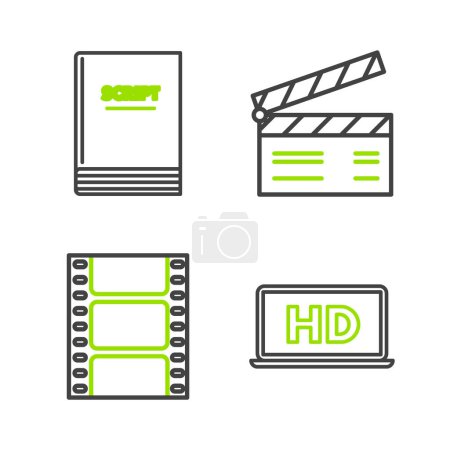 Téléchargez les illustrations : Set line Laptop screen with HD video technology Play Video Movie clapper and Scenario icon. Vector. - en licence libre de droit