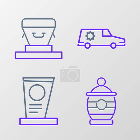 Illustration for Set line Funeral urn Grave with tombstone Hearse car and Coffin icon. Vector. - Royalty Free Image