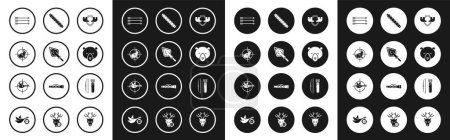Téléchargez les illustrations : Set Moose horns on shield Hipster arrow tip Hunt rabbit with crosshairs arrows Bear head Hunting cartridge belt cartridges Bow and quiver and duck icon. Vector. - en licence libre de droit