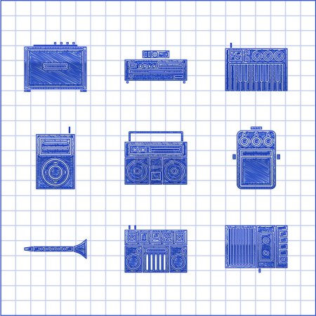 Ilustración de Set Home stereo with two speakers DJ remote for playing and mixing music Music tape player Guitar pedal Clarinet MP3 synthesizer and amplifier icon. Vector. - Imagen libre de derechos