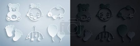 Illustration for Set Baby crib hanging toys Rattle baby footprints Balloons form of heart Happy little girl head and Teddy bear plush icon. Vector. - Royalty Free Image