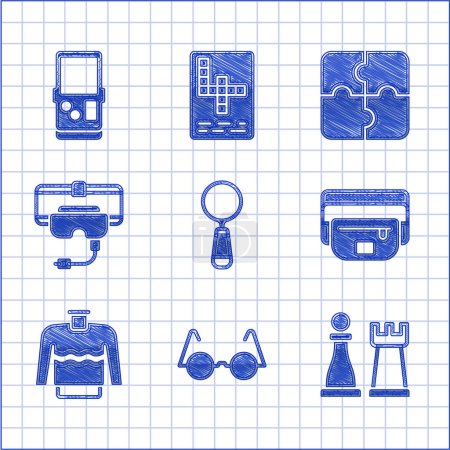 Ilustración de Set Magnifying glass Eyeglasses Chess Waist bag of banana Sweater Virtual reality Piece puzzle and Tetris icon. Vector. - Imagen libre de derechos