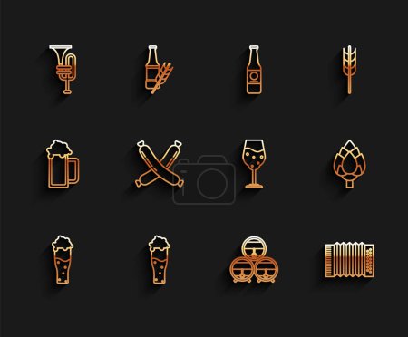 Illustration for Set line Glass of beer Musical instrument trumpet Wooden barrel on rack with stopcock accordion Crossed sausage Hop and icon. Vector. - Royalty Free Image