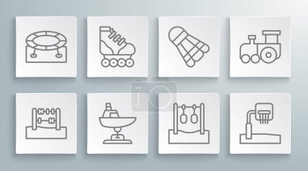 Illustration for Set line Abacus Roller skate Swing boat Gymnastic rings Basketball backboard Badminton shuttlecock Toy train and Jumping trampoline icon. Vector. - Royalty Free Image