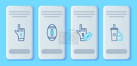 Ilustración de Set line American Football ball Number 1 one fan hand glove with finger raised and american football and ticket paper glass soda drinking straw icon. Vector. - Imagen libre de derechos
