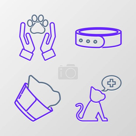Téléchargez les illustrations : Set line Veterinary clinic symbol Collar with name tag and Hands animals footprint icon. Vector. - en licence libre de droit