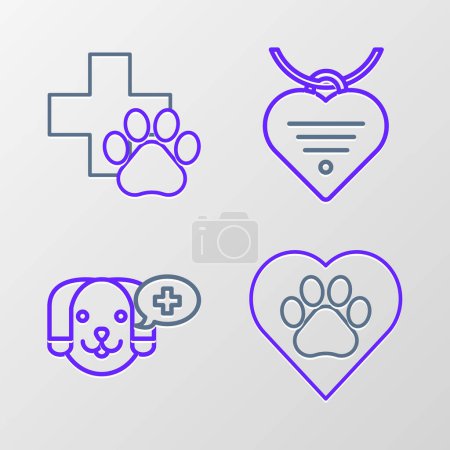 Téléchargez les illustrations : Set line Heart with animals footprint Veterinary clinic symbol Collar name tag and heart and icon. Vector. - en licence libre de droit