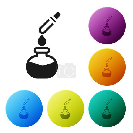 Ilustración de Black Test tube and flask chemical laboratory test with pipette icon isolated on white background. Laboratory glassware sign. Set icons in color circle buttons. Vector. - Imagen libre de derechos