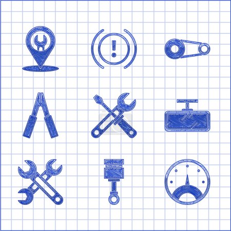 Téléchargez les illustrations : Set Screwdriver and wrench tools Engine piston Speedometer Car mirror Wrench battery jumper power cable Timing belt kit and service icon. Vector. - en licence libre de droit