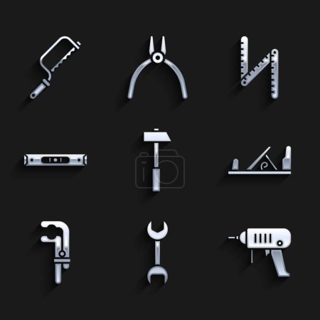 Illustration for Set Hammer, Wrench spanner, Electric drill machine, Wood plane tool, Clamp, Construction bubble level, Folding ruler and Hacksaw icon. Vector - Royalty Free Image