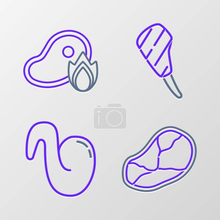 Illustration for Set line Steak meat Fried chicken wing Rib eye steak and Grilled and fire flame icon. Vector. - Royalty Free Image