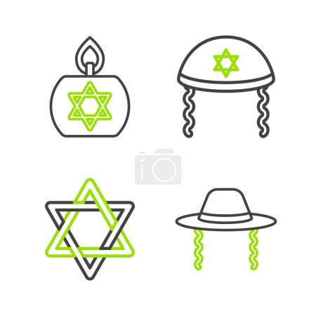 Téléchargez les illustrations : Set line Orthodox jewish hat Star of David Jewish kippah and Burning candle icon. Vector. - en licence libre de droit