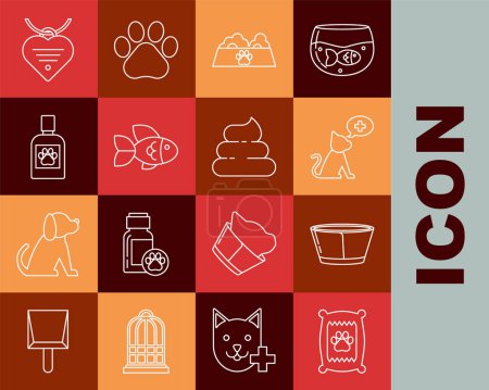 Illustration for Set line Bag of food for dog Protective cone collar Veterinary clinic symbol Pet bowl cat Fish Dog medicine bottle Collar with name tag and heart and Shit icon. Vector. - Royalty Free Image