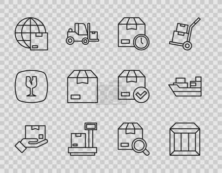 Téléchargez les illustrations : Set line Delivery hand with box Carton cardboard Cardboard clock Scale Worldwide shipping Search package and Cargo boxes delivery icon. Vector. - en licence libre de droit