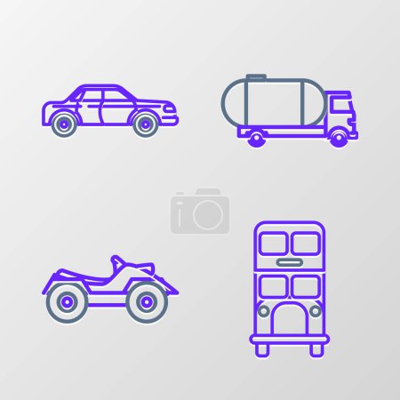 Ilustración de Set line Double decker bus All Terrain Vehicle or ATV motorcycle Tanker truck and Sedan car icon. Vector. - Imagen libre de derechos