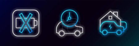 Illustration for Set line Charging car at home Low battery and Electric icon. Glowing neon. Vector. - Royalty Free Image