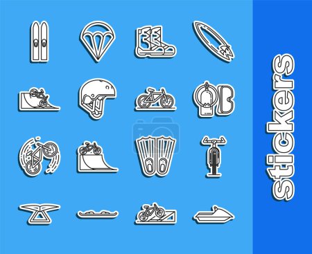 Illustration for Set line Jet ski Bicycle Diving mask and aqualung Boots Helmet on street ramp Ski sticks and icon. Vector. - Royalty Free Image