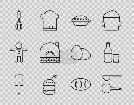 Téléchargez les illustrations : Set line Spatula Measuring spoon Homemade pie Burger Kitchen whisk Brick stove Bread loaf and Glass bottle with milk and glass icon. Vector. - en licence libre de droit