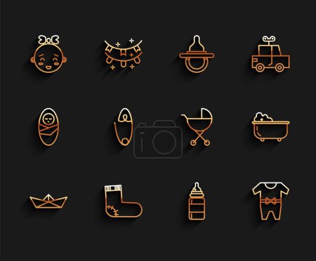 Illustration for Set line Folded paper boat Baby socks clothes Happy little girl head bottle Classic steel safety pin bathtub and stroller icon. Vector. - Royalty Free Image