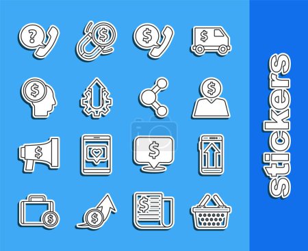 Illustration for Set line Shopping basket Smartphone mobile phone Business man planning mind Telephone handset and speech bubble chat Arrow growth gear business and Share icon. Vector. - Royalty Free Image