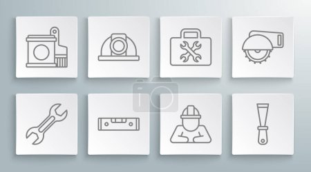 Illustration for Set line Wrench spanner Worker safety helmet Construction bubble level Builder Putty knife Toolbox Electric circular saw and Paint bucket and brush icon. Vector. - Royalty Free Image